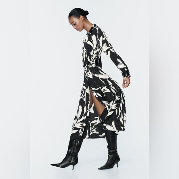 Zara Satin Printed Belted Dress New - Picture 3 of 9